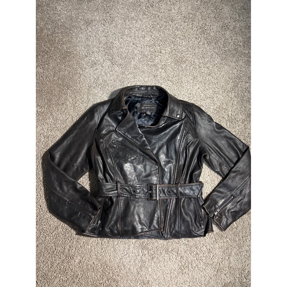 INC International Concepts Petite Leather Moto Biker Jacket Brown Peace Love S